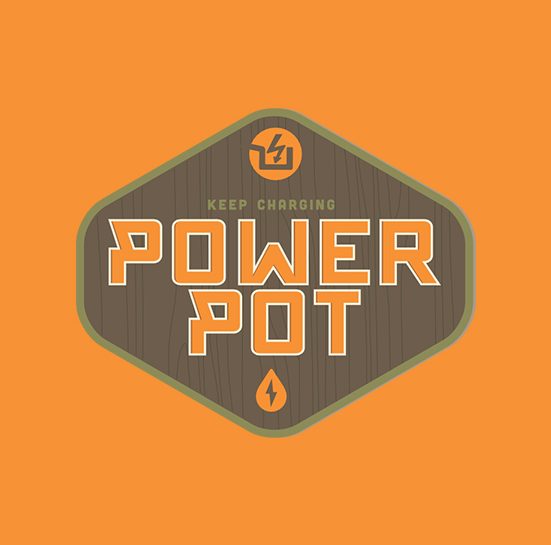 A orange square with a wood effect logo saying the words Power Pot