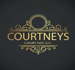 A black square with a logo in the middle for Courtney nails, wearegeeky.com the home of pay monthly web and graphic design.