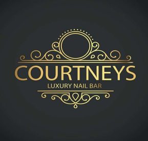 A black square with a logo in the middle for Courtney nails, wearegeeky.com the home of pay monthly web and graphic design.