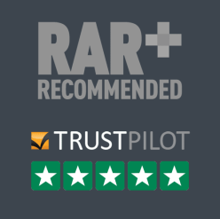 A grey square with two logos in text form one saying RAR plus recommended and the other saying Trustpilot, wearegeeky.com the home of pay monthly web and graphic design.