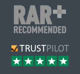 A grey square with two logos in text form one saying RAR plus recommended and the other saying Trustpilot, wearegeeky.com the home of pay monthly web and graphic design.