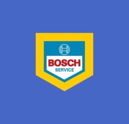 A blue square with a yellow badge in the middle with the bosch logo and the words bosch, wearegeeky.com the home of pay monthly web and graphic design.underneath.