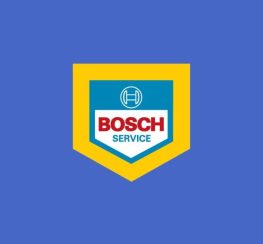 A blue square with a yellow badge in the middle with the bosch logo and the words bosch, wearegeeky.com the home of pay monthly web and graphic design.underneath.