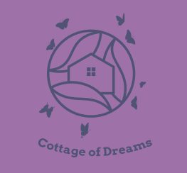 Cottage of dreams logo design, A purple background with a dark purple house in the middle with butterflies around it. wearegeeky.com the home of pay monthly web and graphic design.