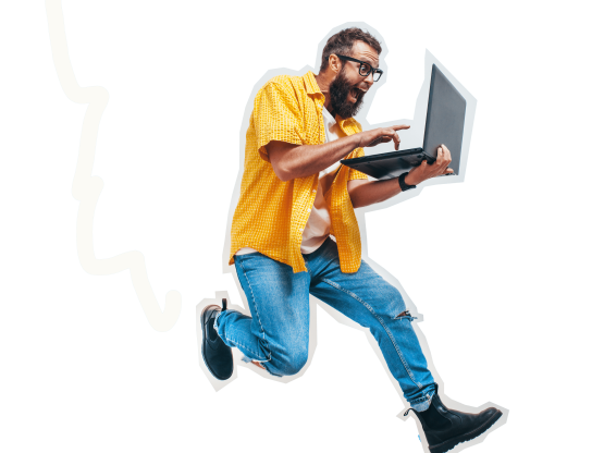 Man in yellow t-shirt running with a laptop, wearegeeky.com the home of pay monthly web and graphic design.