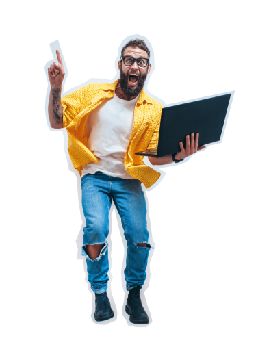 A man in a yellow t-shirt holding a laptop in his left arm and pointing to the sky with his other, wearegeeky.com the home of pay monthly web and graphic design.