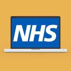 A orange square with a laptop in the middle with NHS written on it, wearegeeky.com the home of pay monthly web and graphic design.