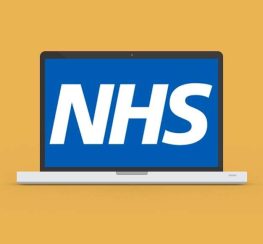 A orange square with a laptop in the middle with NHS written on it, wearegeeky.com the home of pay monthly web and graphic design.