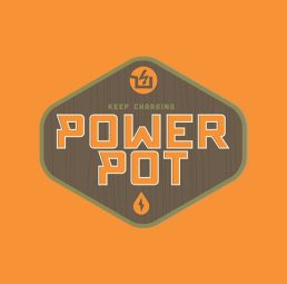 A orange square with a wood effect logo saying the words Power Pot. wearegeeky.com the home of pay monthly web and graphic design.