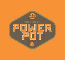 A orange square with a wood effect logo saying the words Power Pot. wearegeeky.com the home of pay monthly web and graphic design.