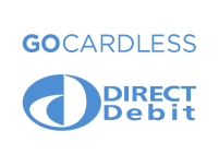 A blue logo for a company called go cardless its in letters with the letters direct debit underneath. wearegeeky.com the home of pay monthly web and graphic design.